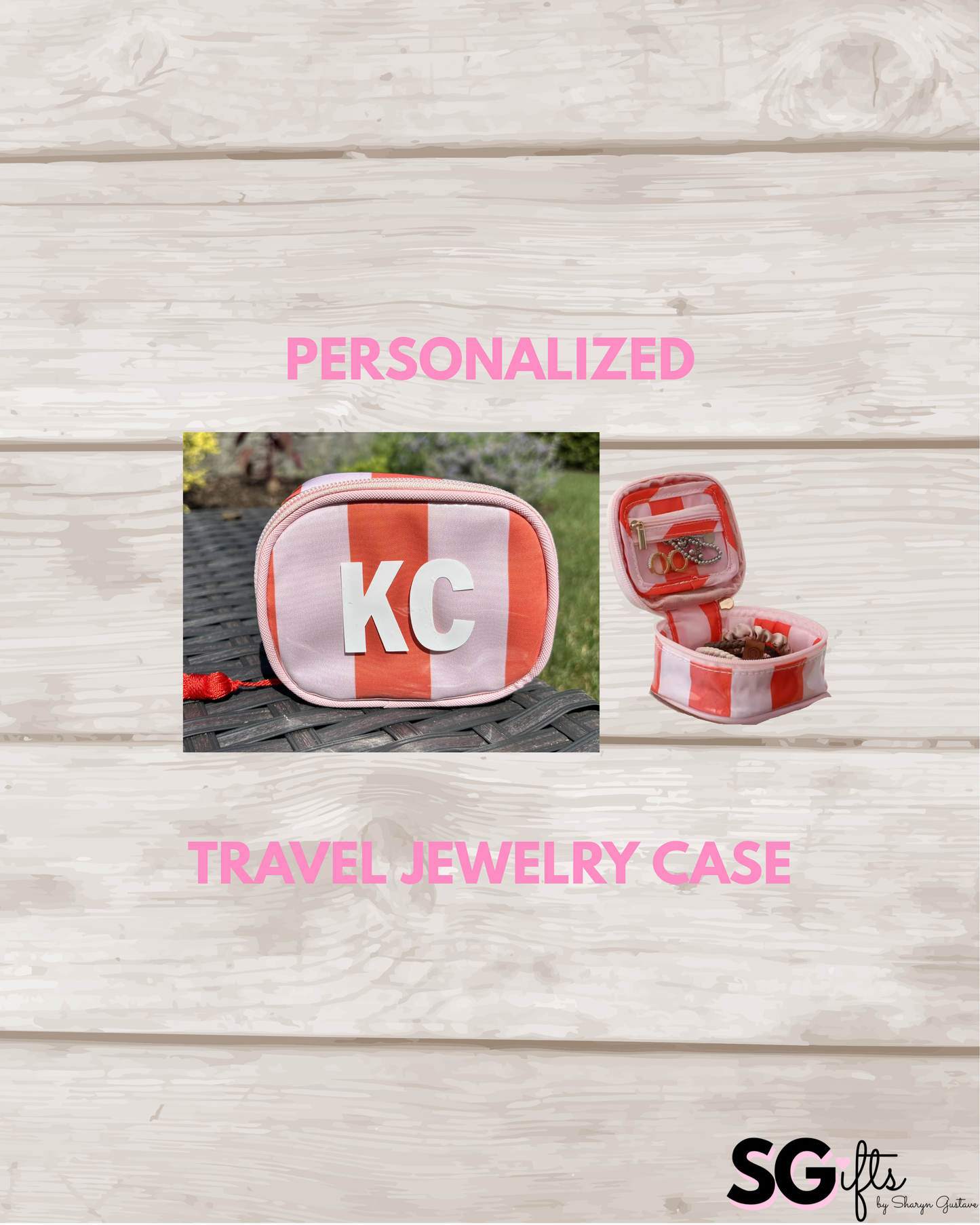 Personalized coated travel jewelry bag with tassel closure- pale pink / red