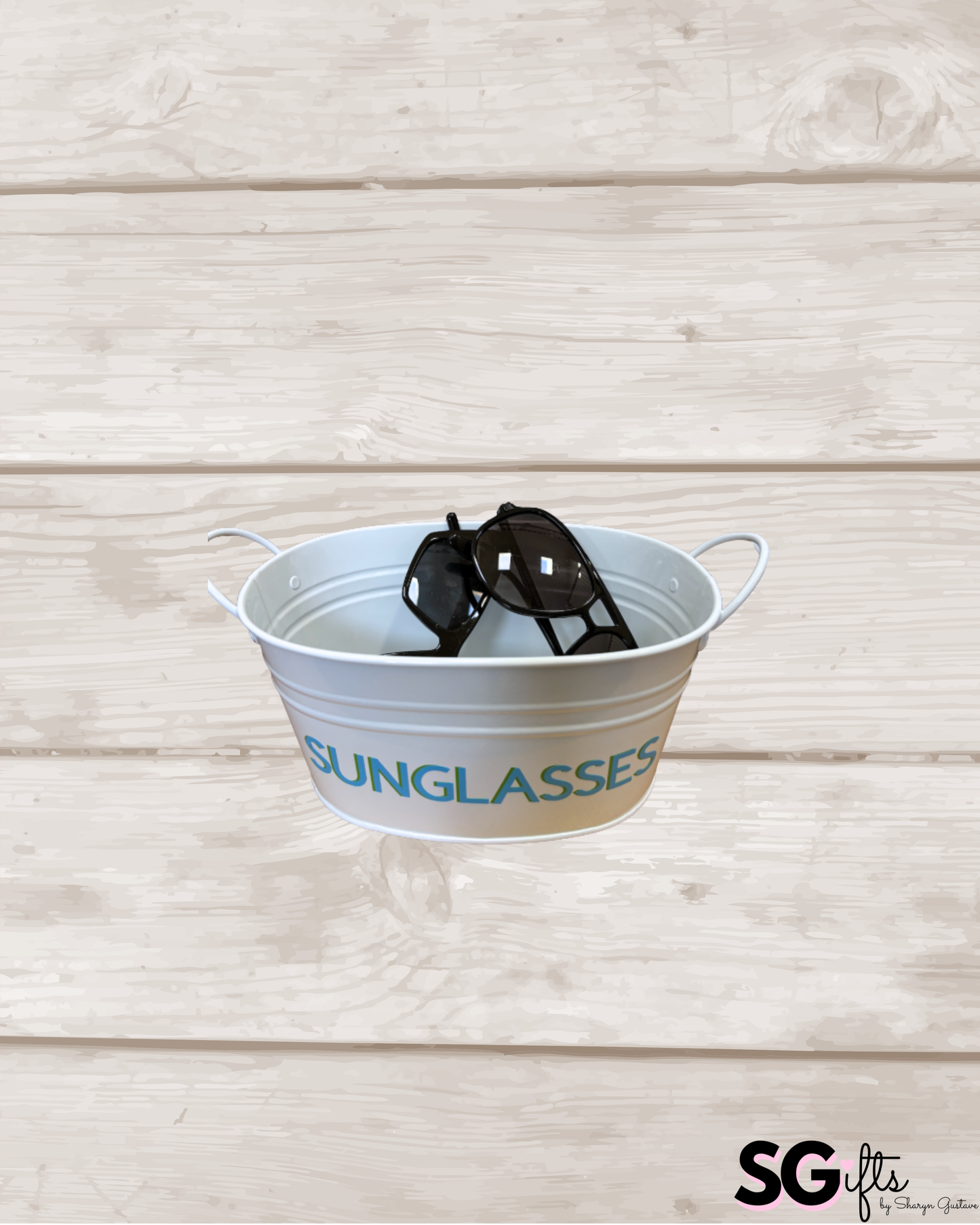 8" white metal tin personalized with SUNGLASSES