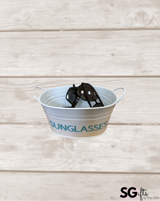 8" white metal tin personalized with SUNGLASSES