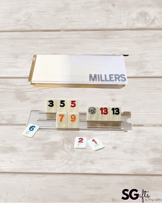 Personalized acrylic rummikub set - opaque white marble