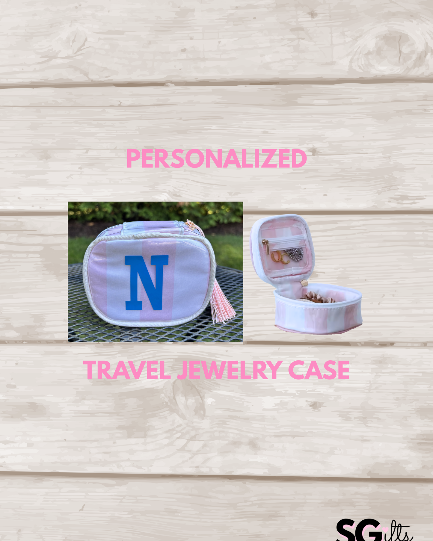 Personalized coated travel jewelry bag with tassel closure- pale pink / white