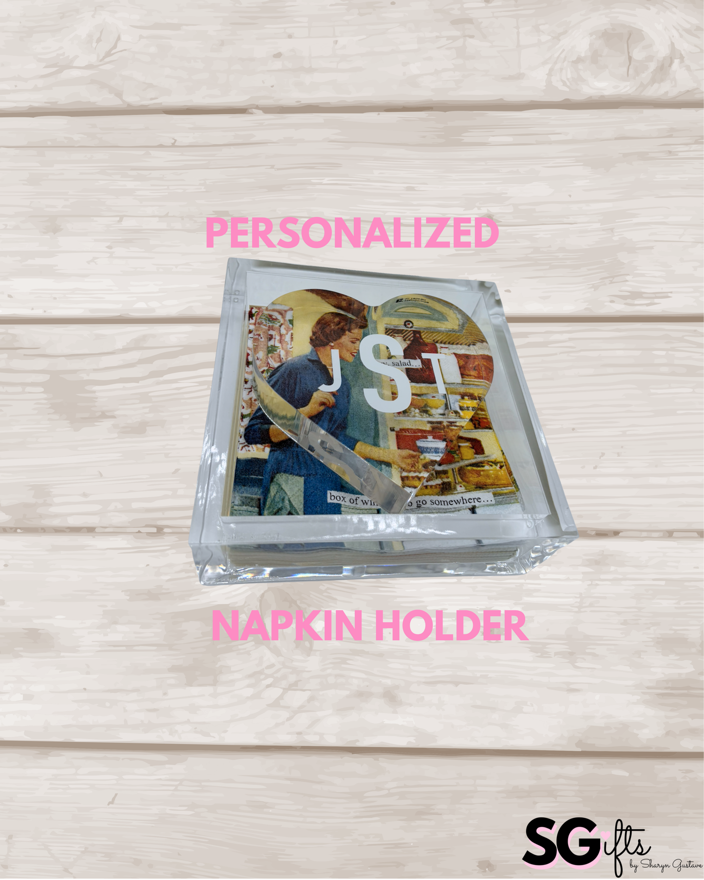 Personalized 6” x 6” acrylic cocktail napkin holder with acrylic heart weight