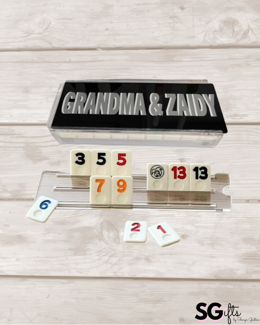 Personalized luxury acrylic rummikub set -custom name on an opaque black lid