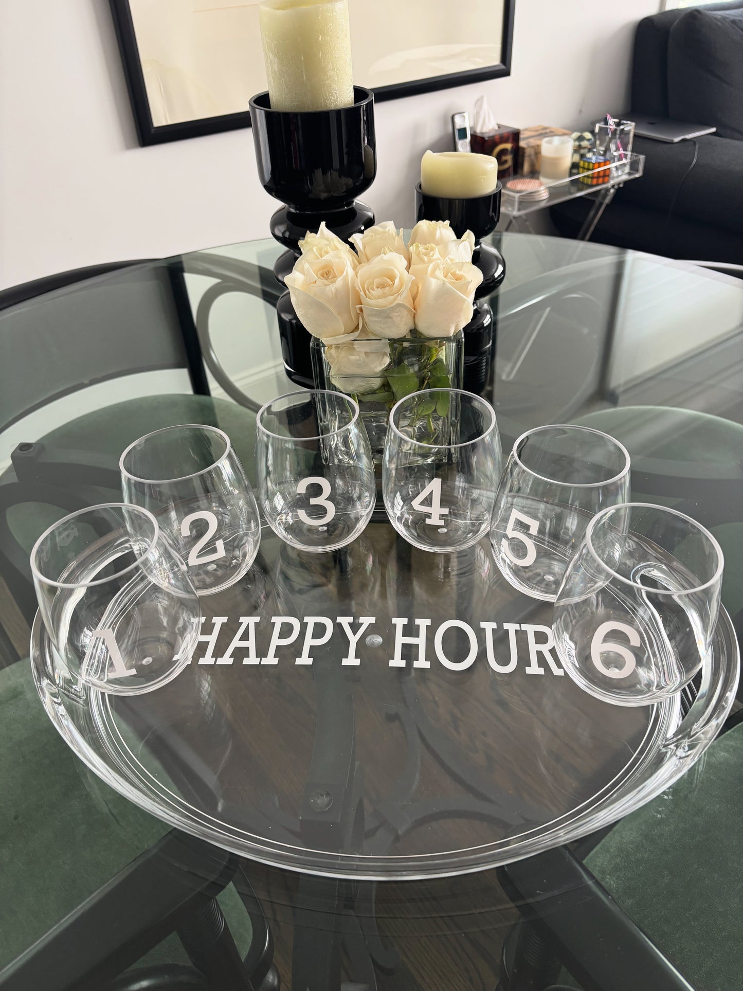 Personalized Acrylic oval Tray and Stemless Wine Glass Set: