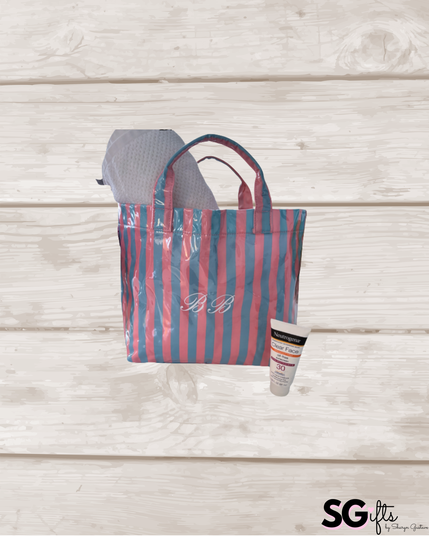 Personalized striped beach bag / waterproof  lt pink/ lt blue