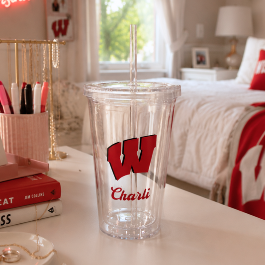 Personalized 19 ounce clear acrylic bottle with straw- with your name and college