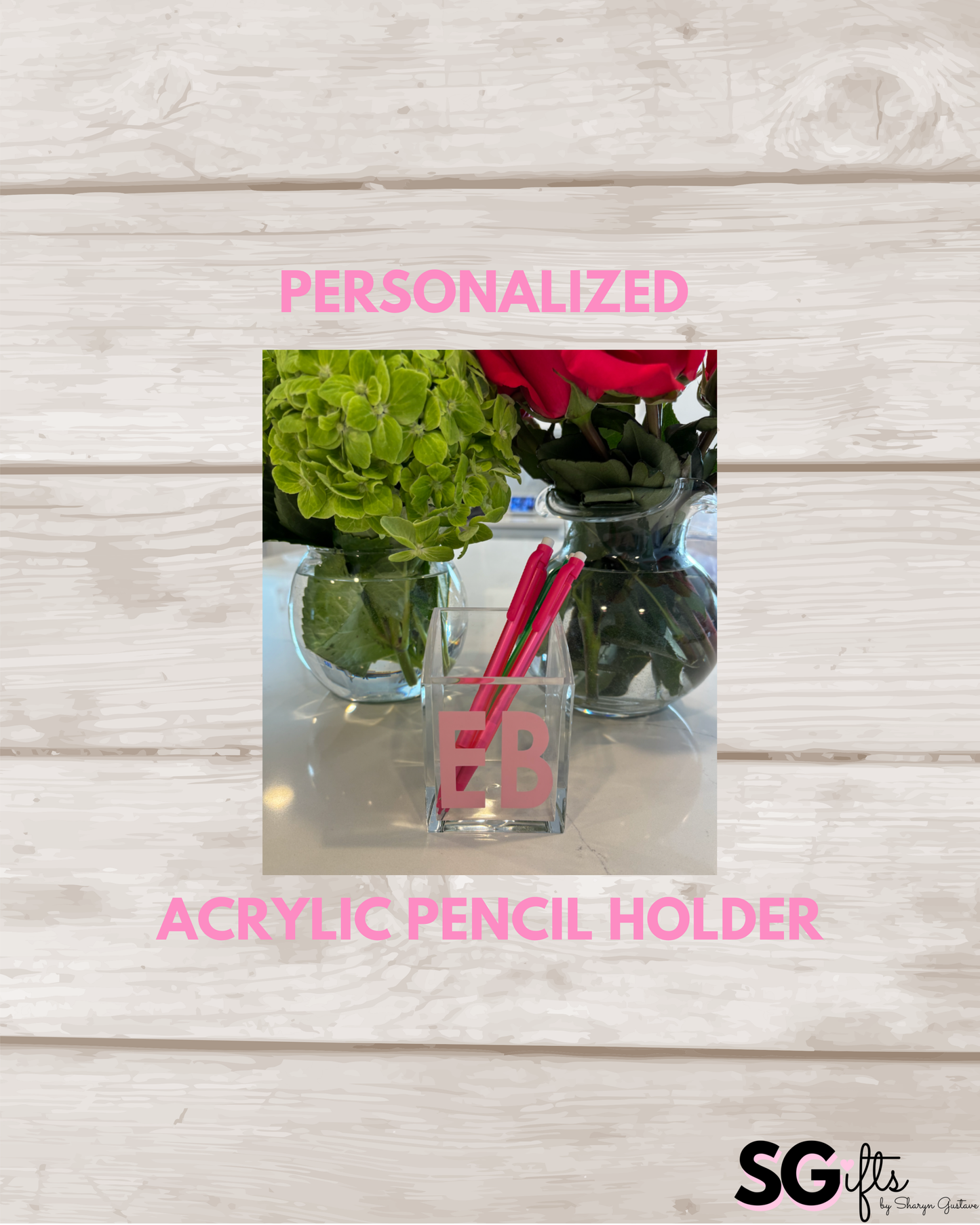 Personalized 2" x 3" acrylic pencil holder - 2 letter monogram