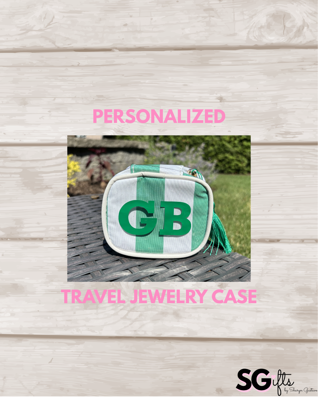 Personalized coated travel jewelry bag with tassel closure- green/ white