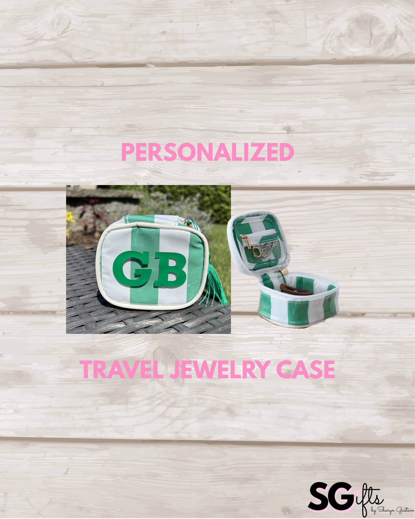 Personalized coated travel jewelry bag with tassel closure- green/ white