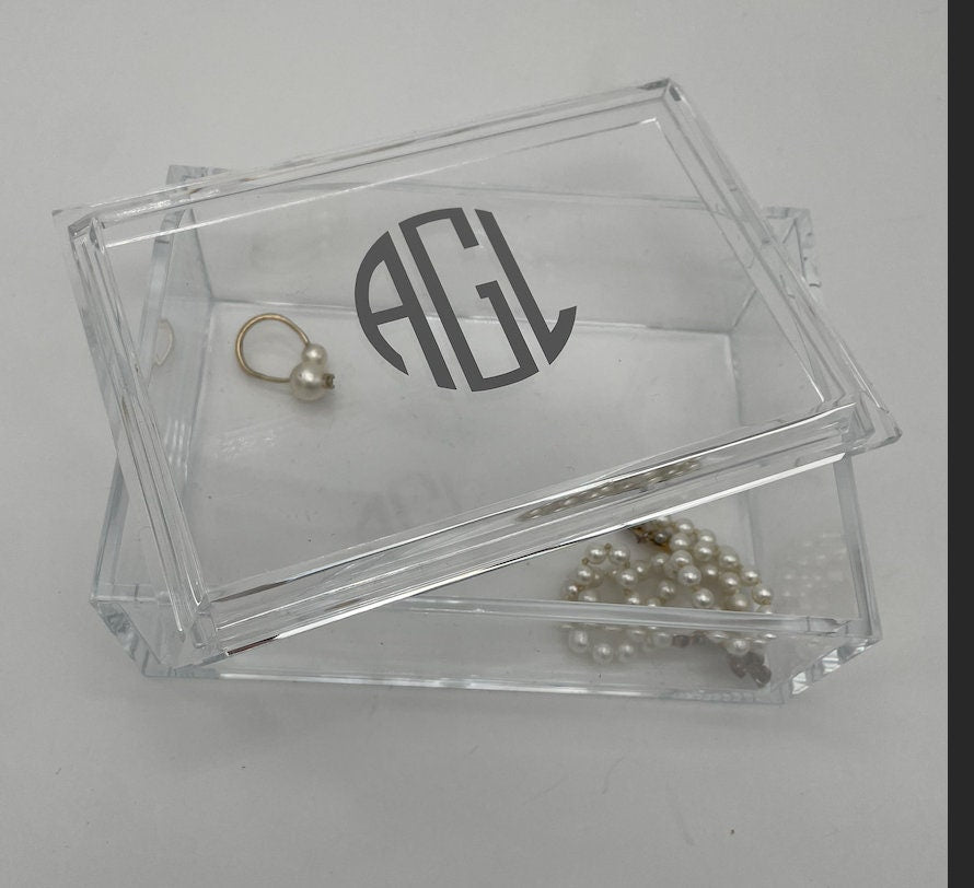 personalized 4" x 6" clear acrylic catchall jewelry box with removable top- modern monogram