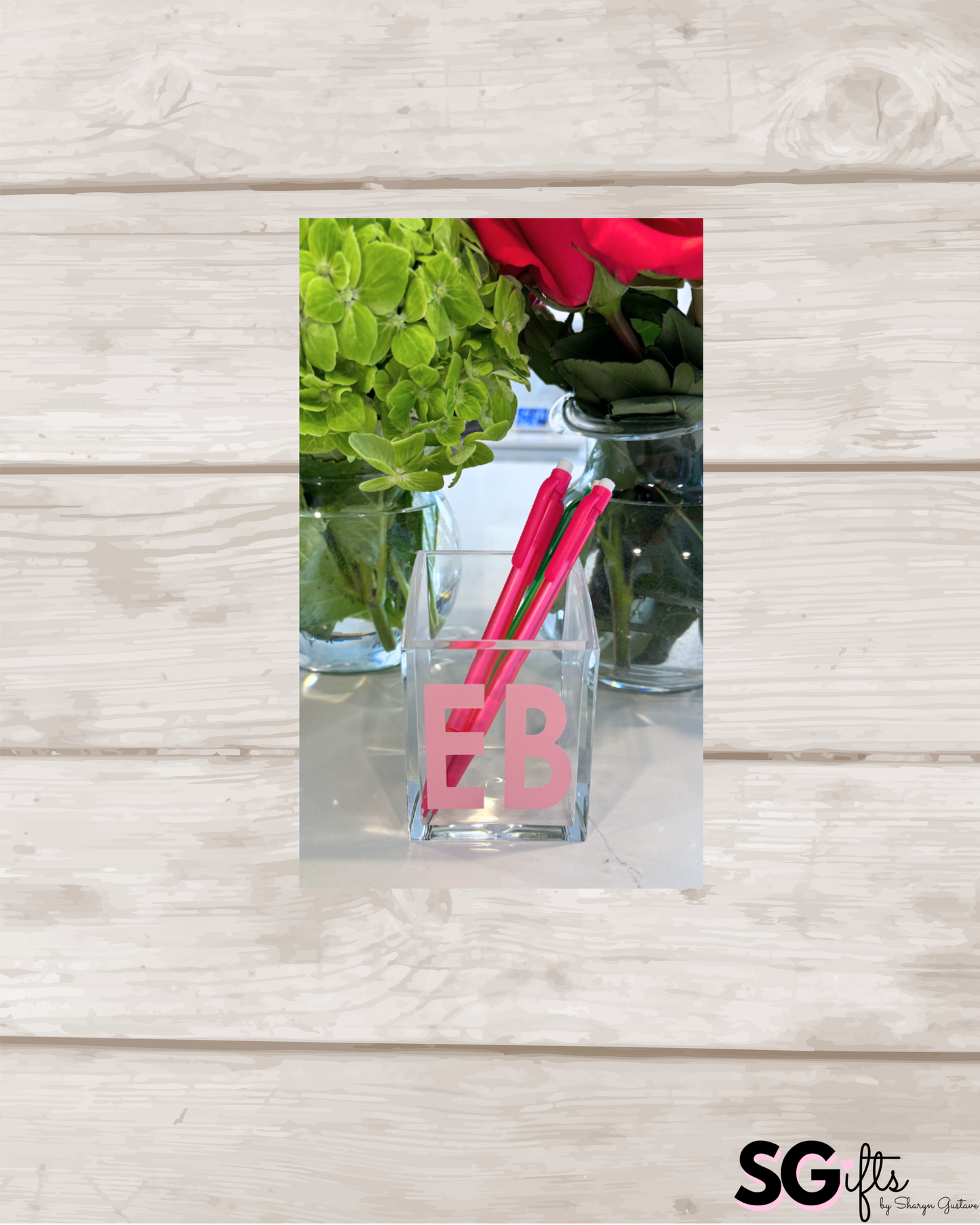 Personalized 2" x 3" acrylic pencil holder - 2 letter monogram