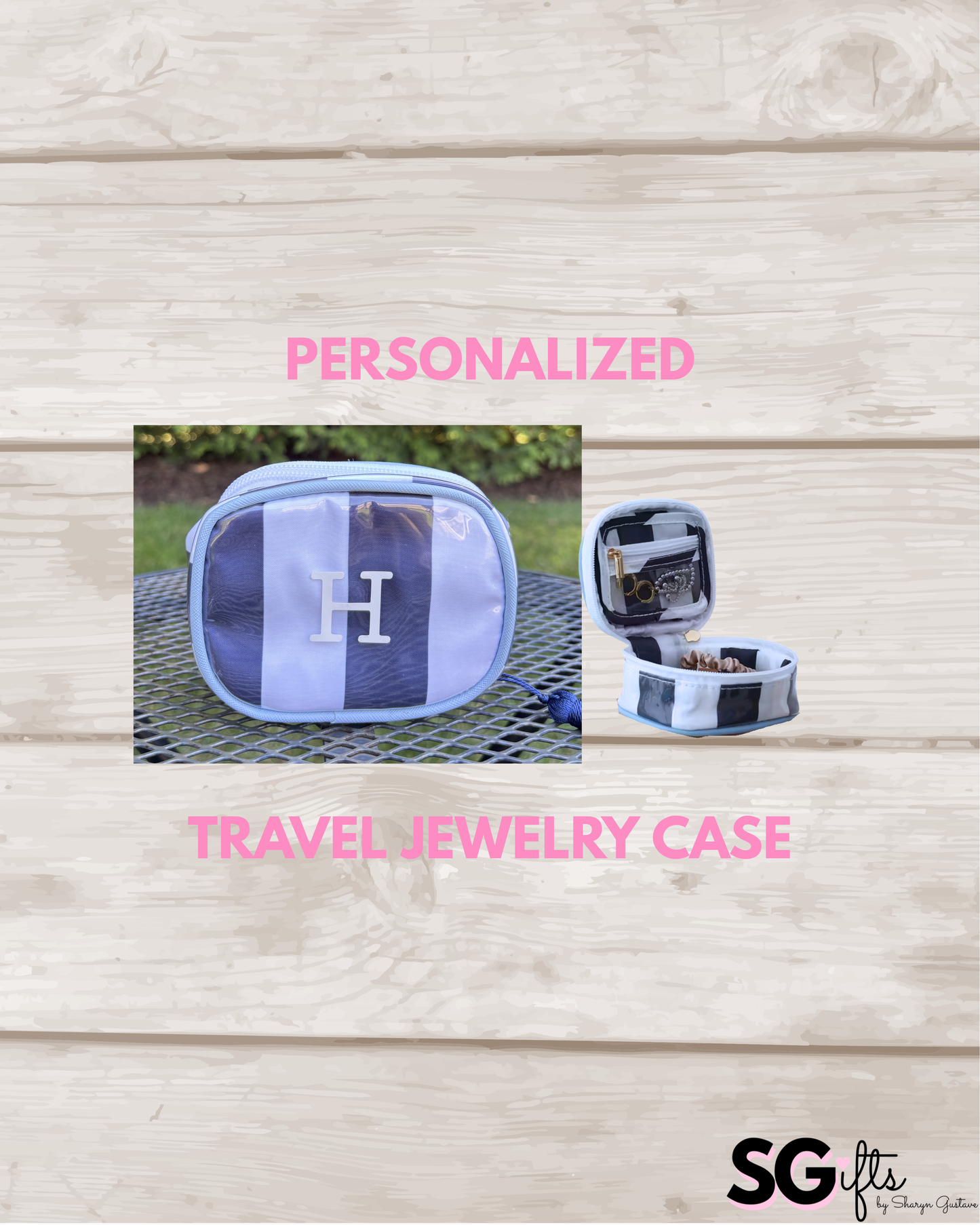 Personalized coated travel jewelry bag with tassel closure-navy/white