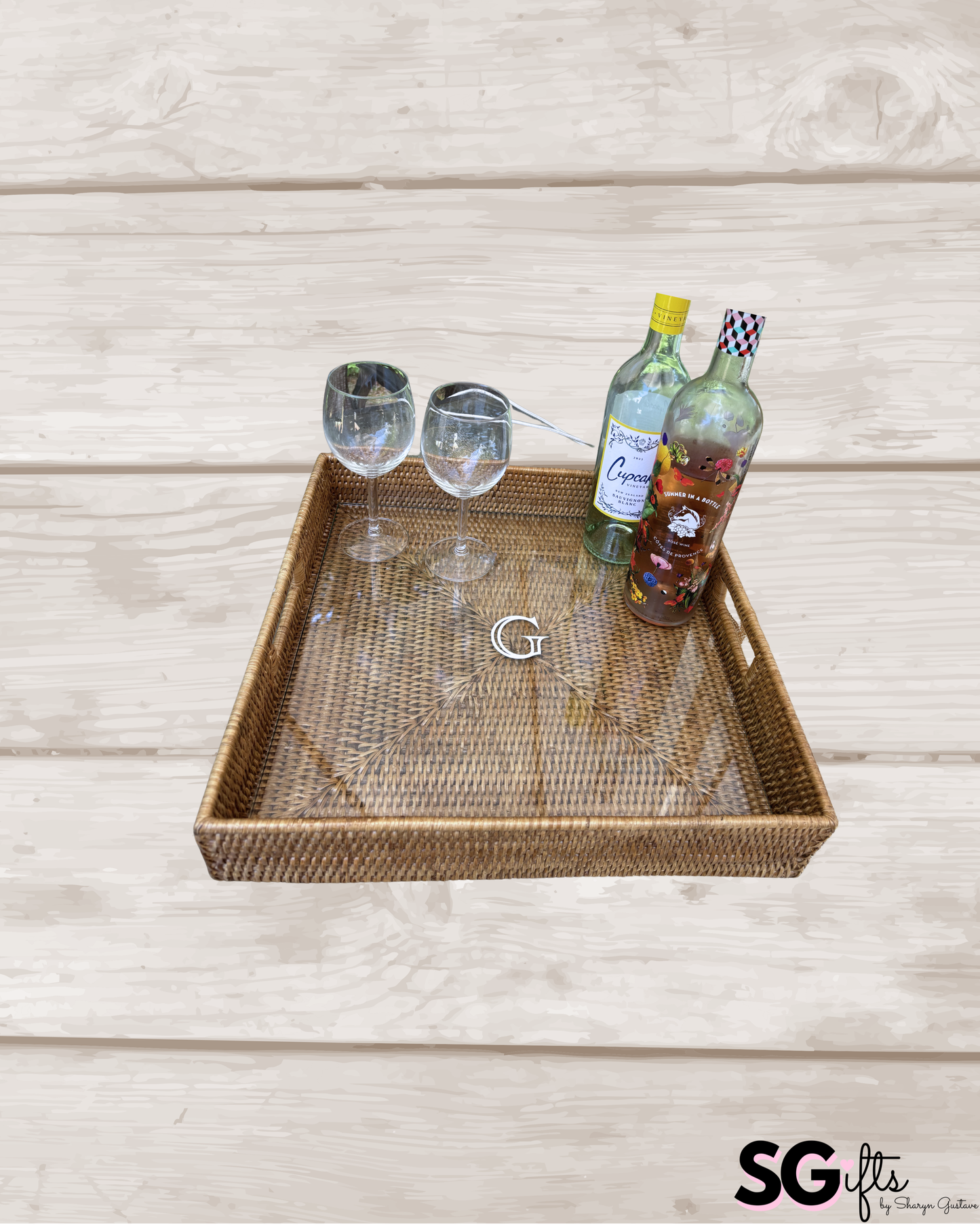 Personalized 16" rattan square tray with glass insert