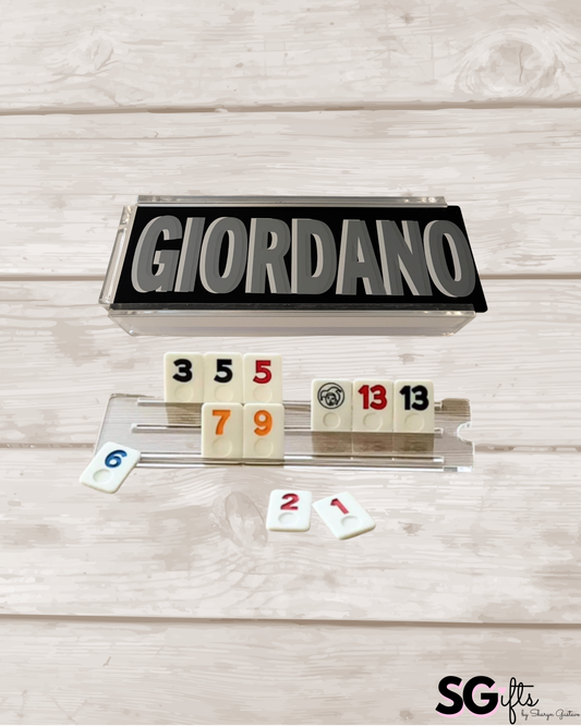 Personalized acrylic rummikub set - opaque black 2 color name