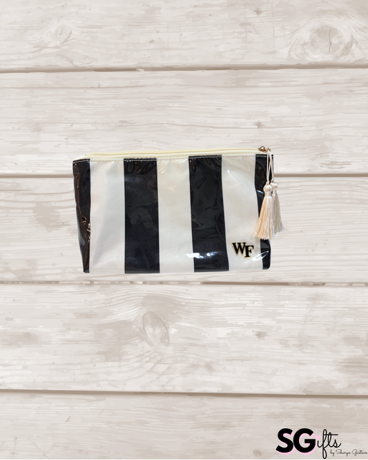 Personalized coated travel makeup bag with tassel closure- black/off white- medium
