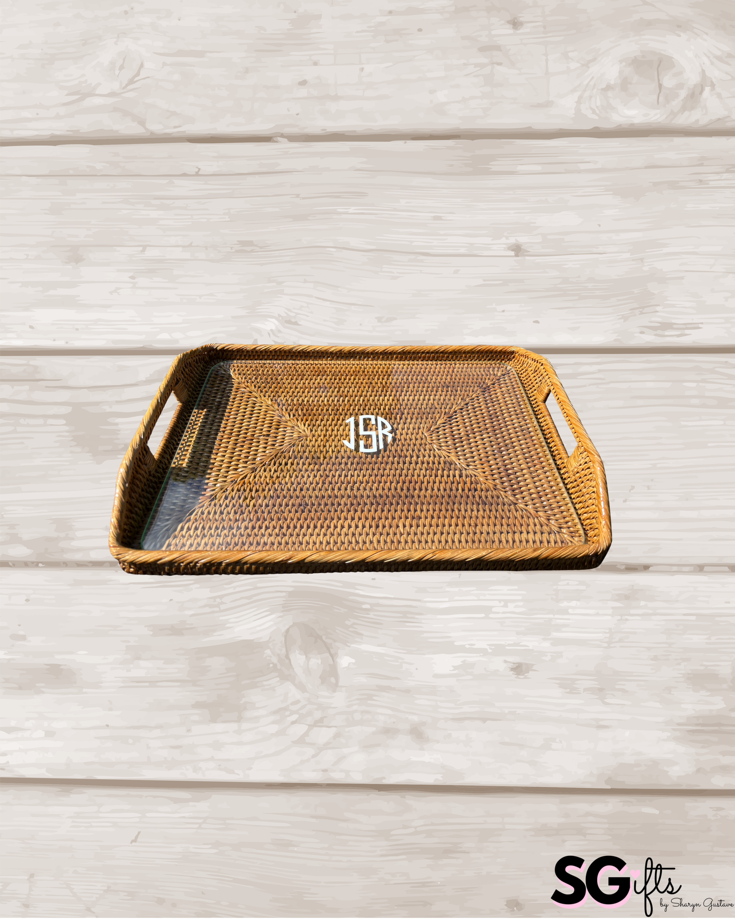 Personalized 17" x 12" x 1" rattan tray with glass insert- modern monogram