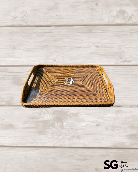 Personalized 17" x 12" x 1" rattan tray with glass insert- modern monogram