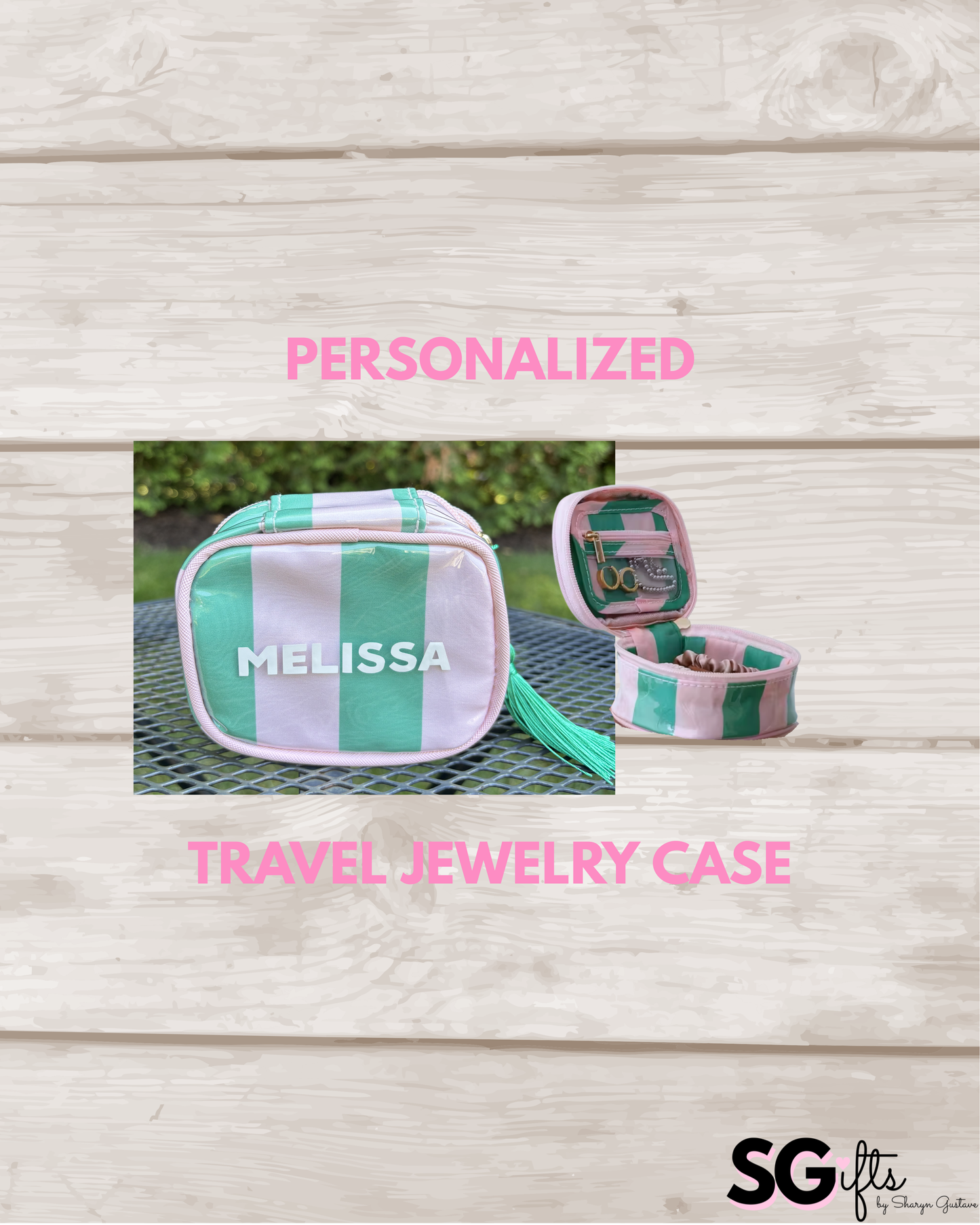 Personalized coated travel jewelry bag with tassel closure- pale pink / green