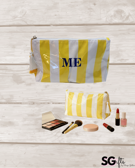Personalized coated travel makeup bag with tassel closure- yellow /white- medium