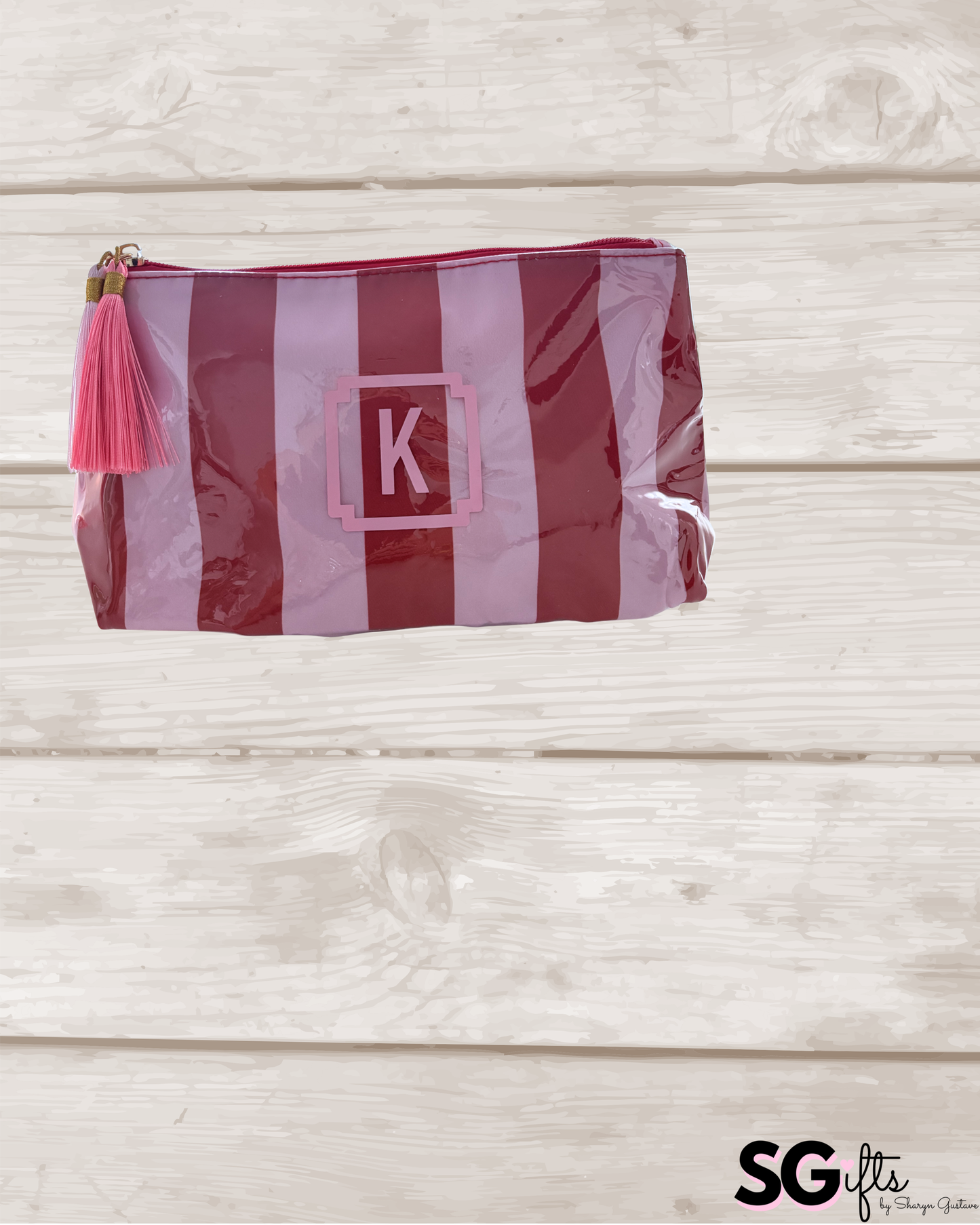 Personalized coated travel makeup bag with tassel closure- pale pink/red- medium