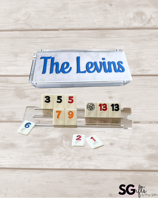 Personalized acrylic rummikub set - opaque white marble