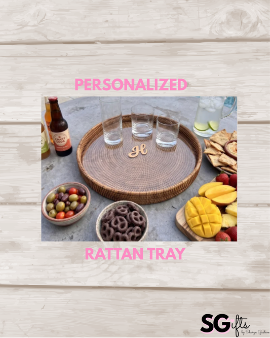 Personalized 16" x 2" round rattan tray with glass insert