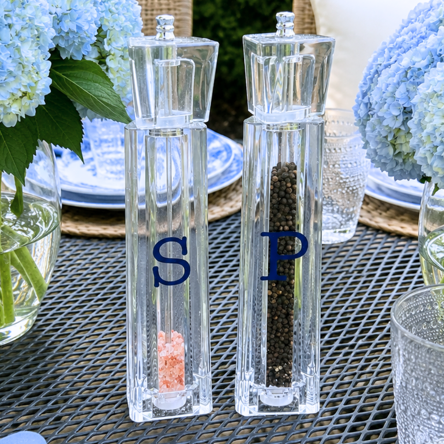 Personalized acrylic 12" salt and pepper shakers- navy  - sold as set