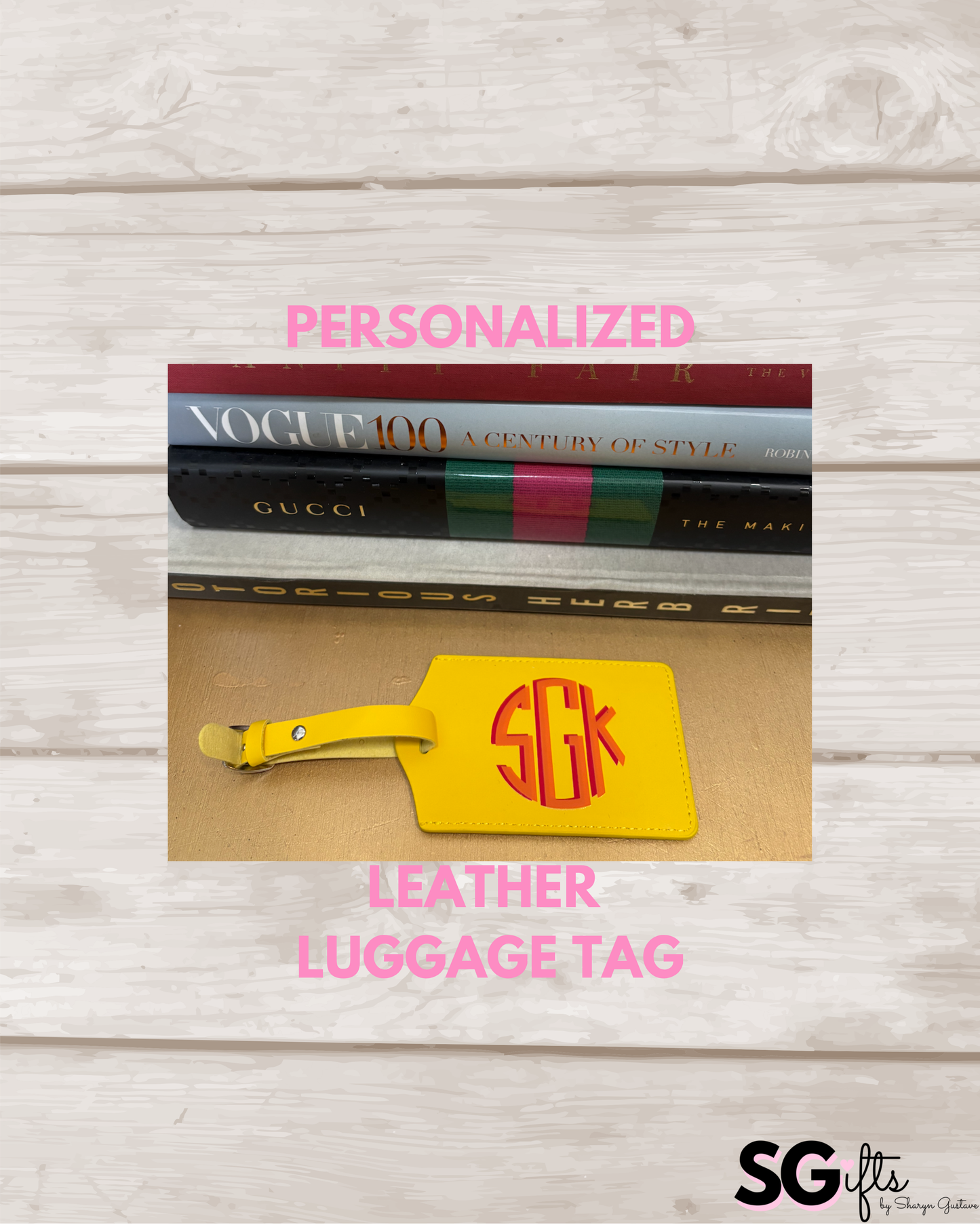 Personalized leather luggage tag yellow with 3 letter modern monogram