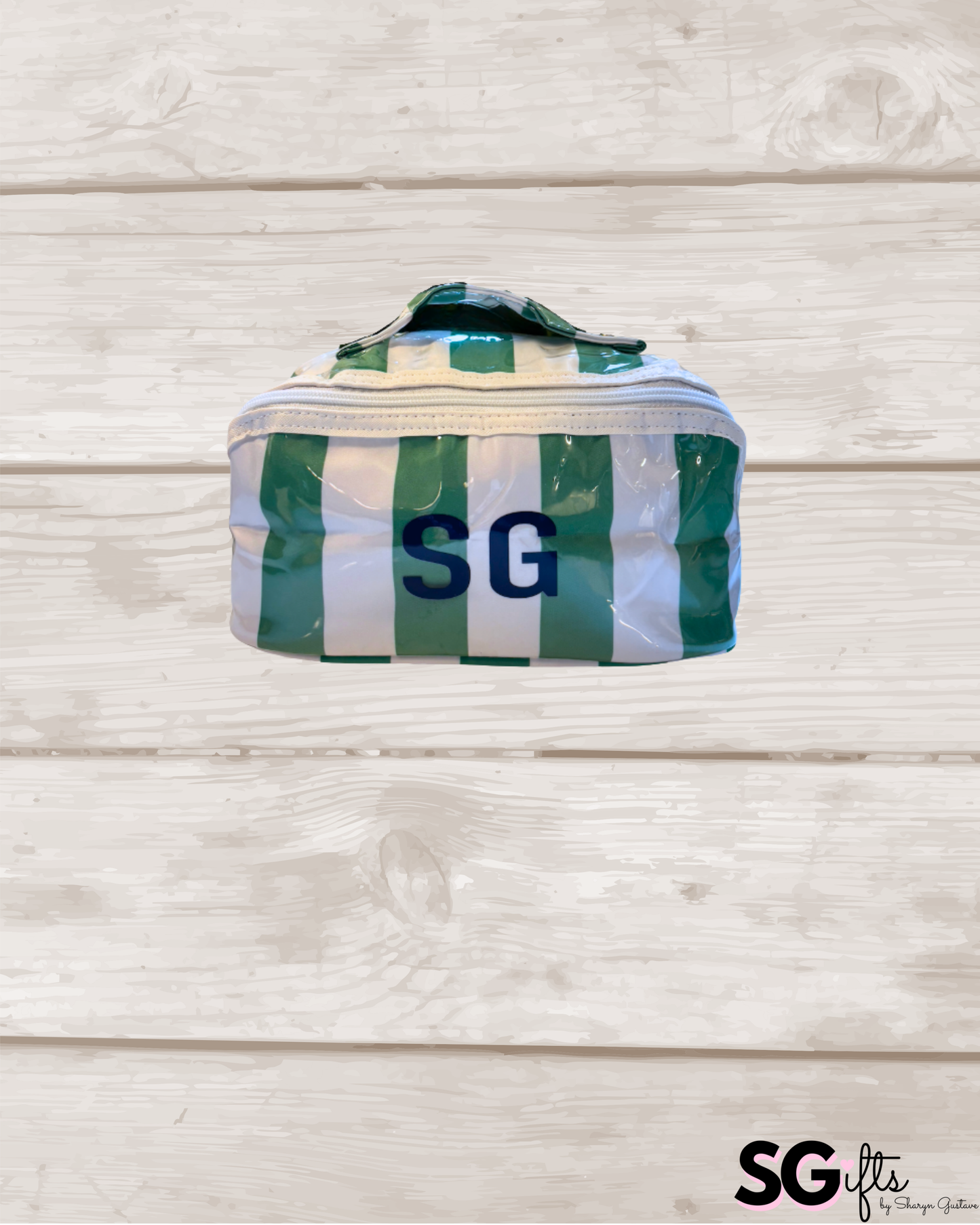 Personalized coated travel makeup bag with 3 compartments - green/white