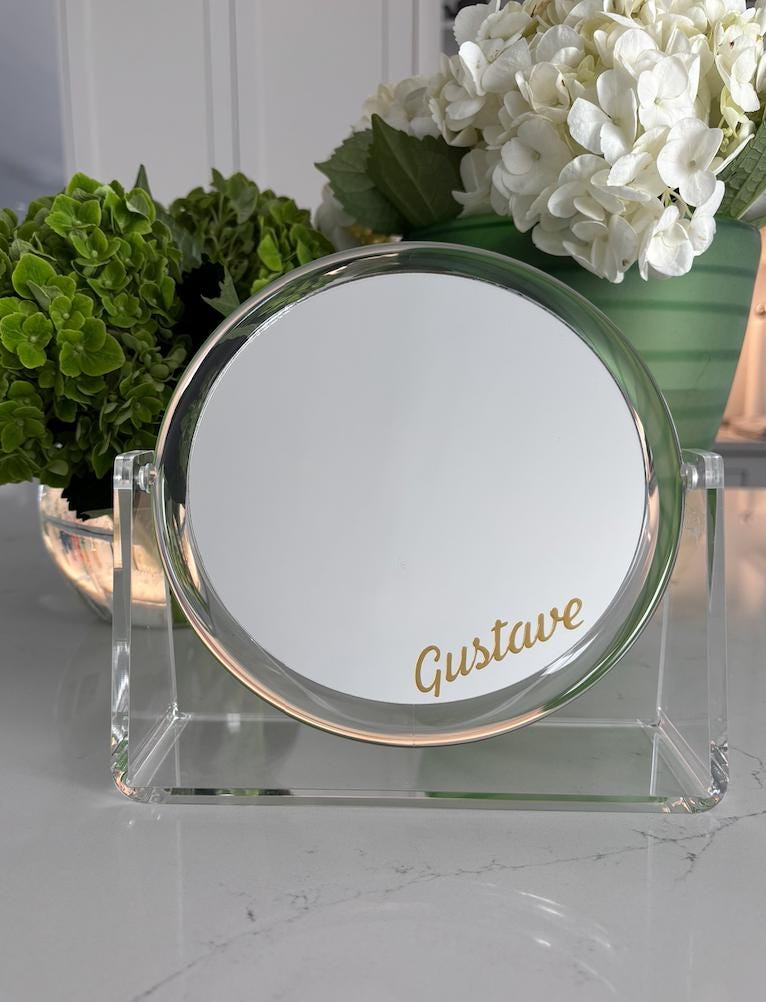 Personalized table top travel mirror w 2x magnification