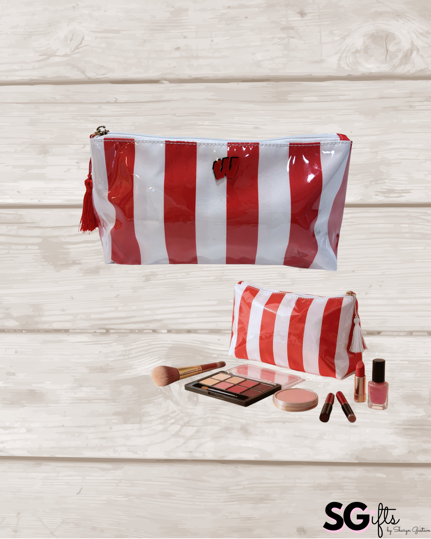 Personalized coated travel makeup bag with tassel closure- red/white- medium