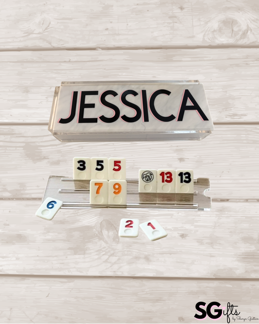 Personalized acrylic rummikub set - opaque white marble