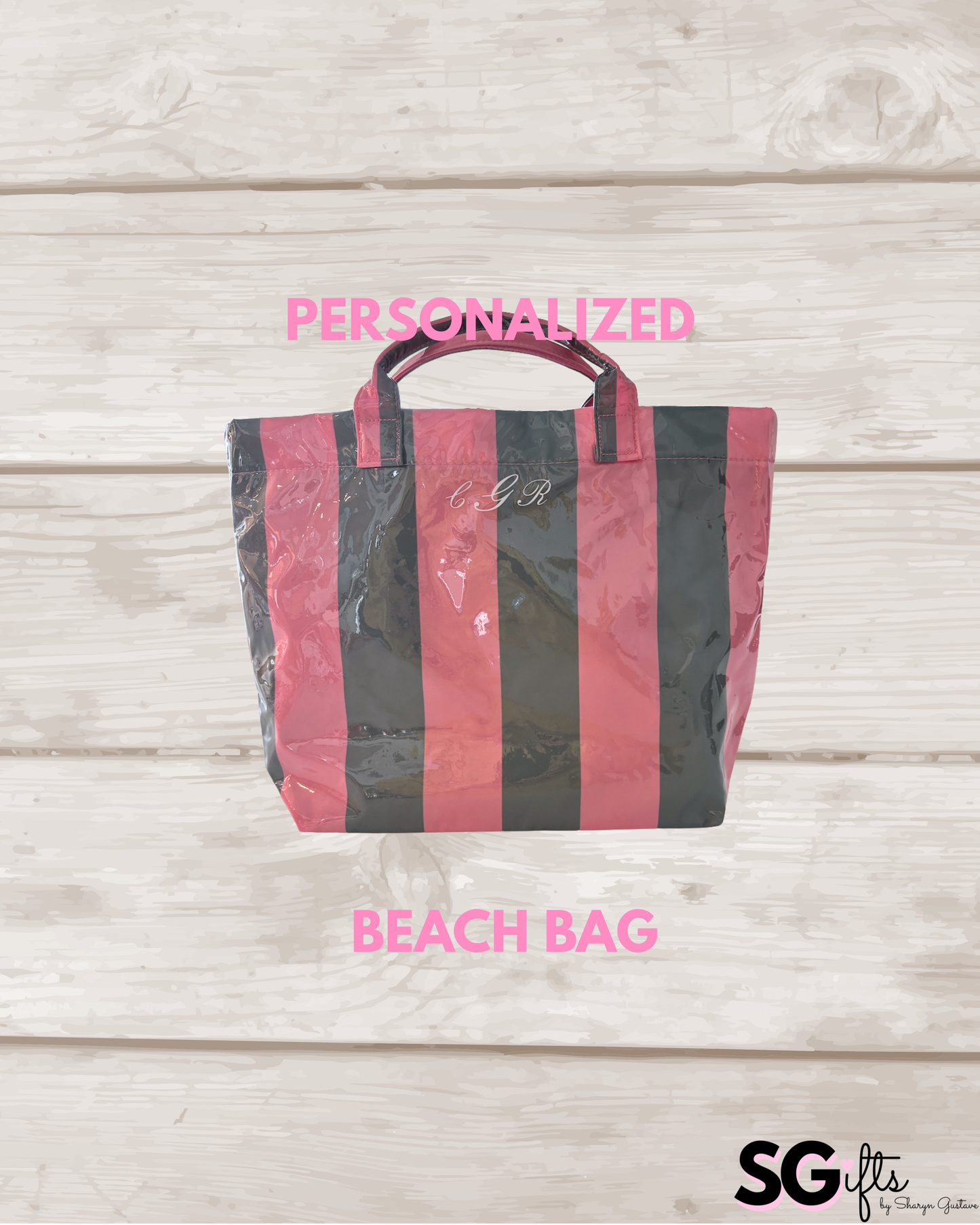 Personalized thick striped beach bag / waterproof pink / green