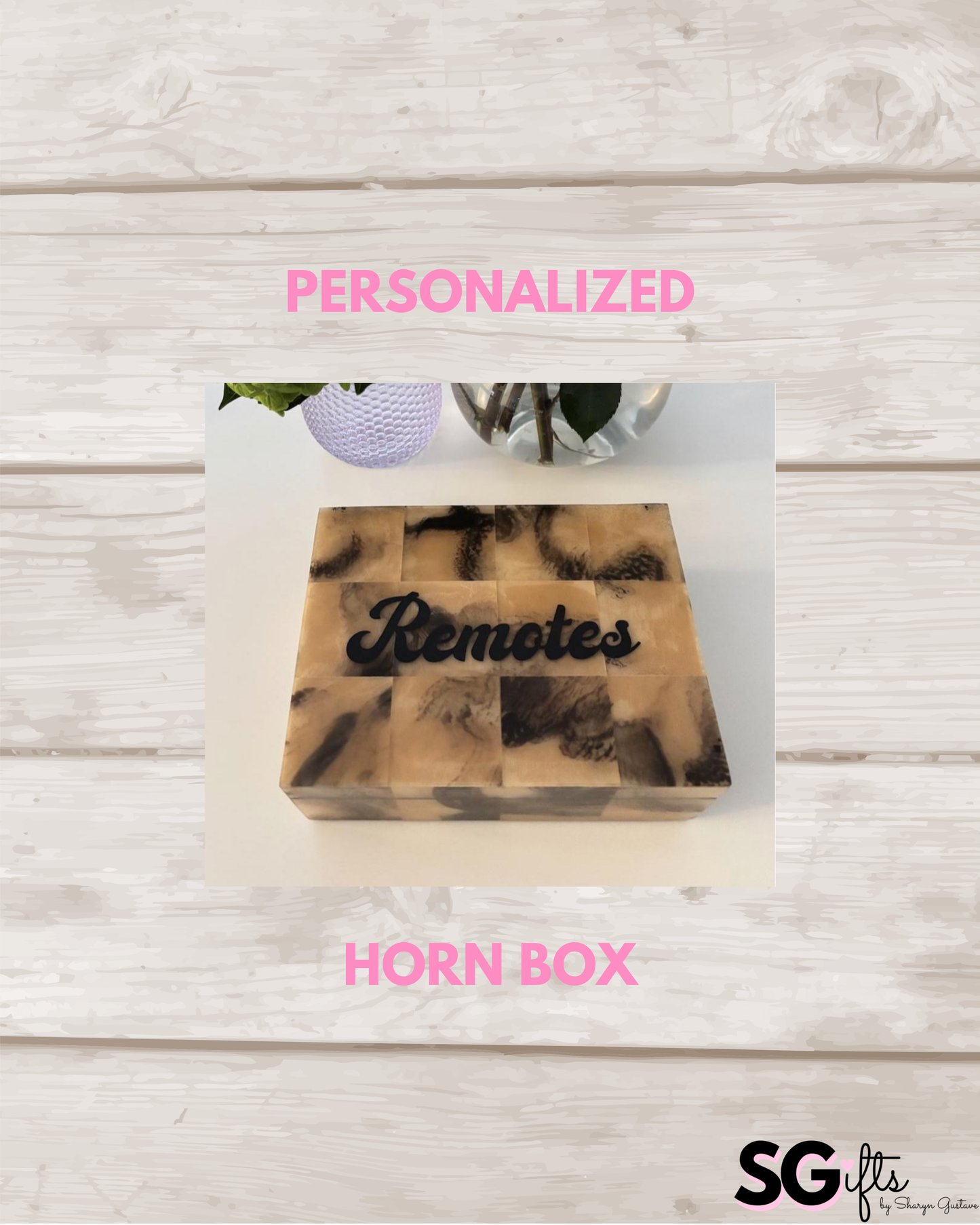 Personalized faux horn catchall box with Remotes