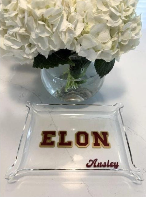 personalized 6" x 8" acrylic Pinch Tray with your college in bold permanent vinyl and your name