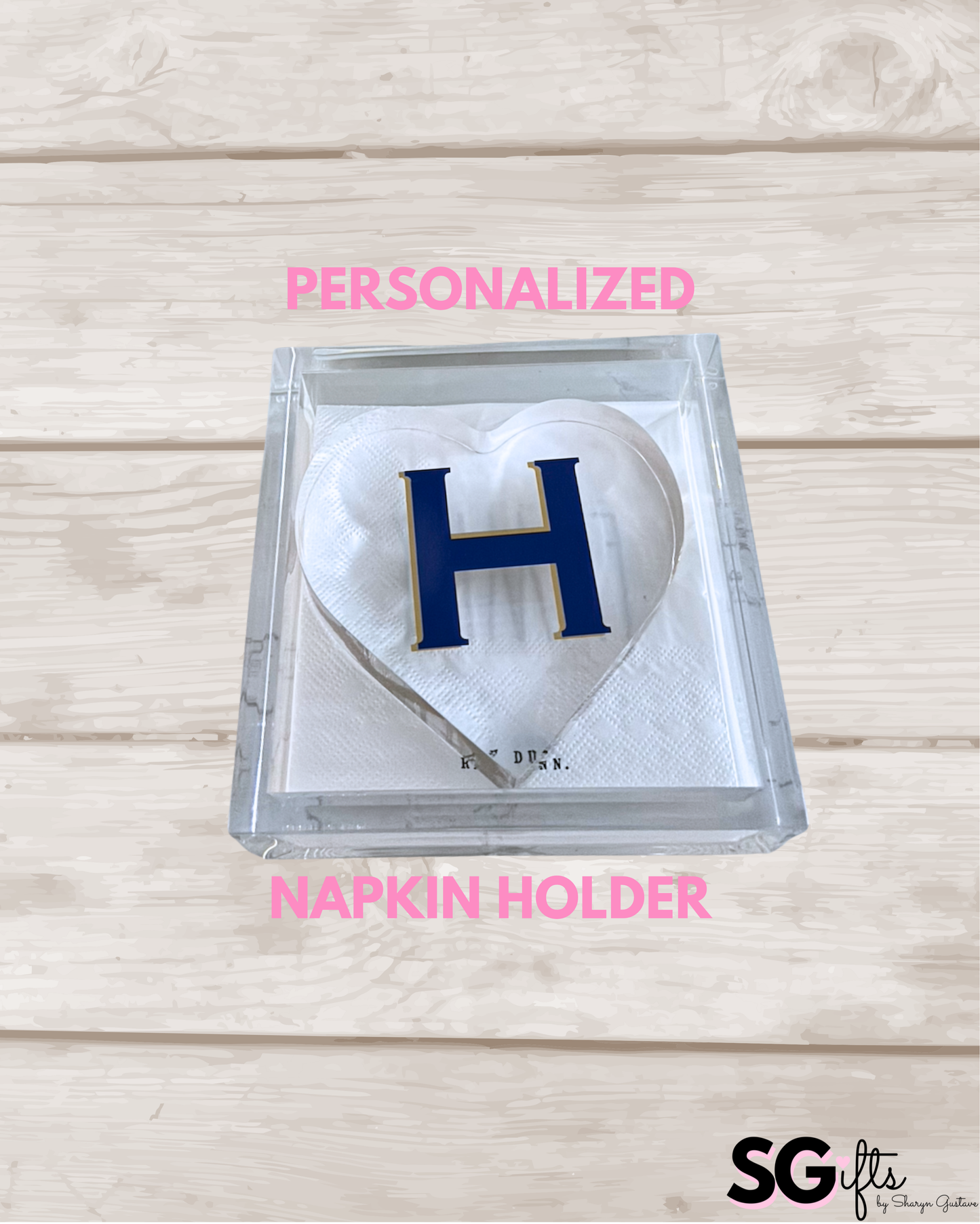 6” x 6” acrylic cocktail napkin holder with classic monogram personalized acrylic heart weight