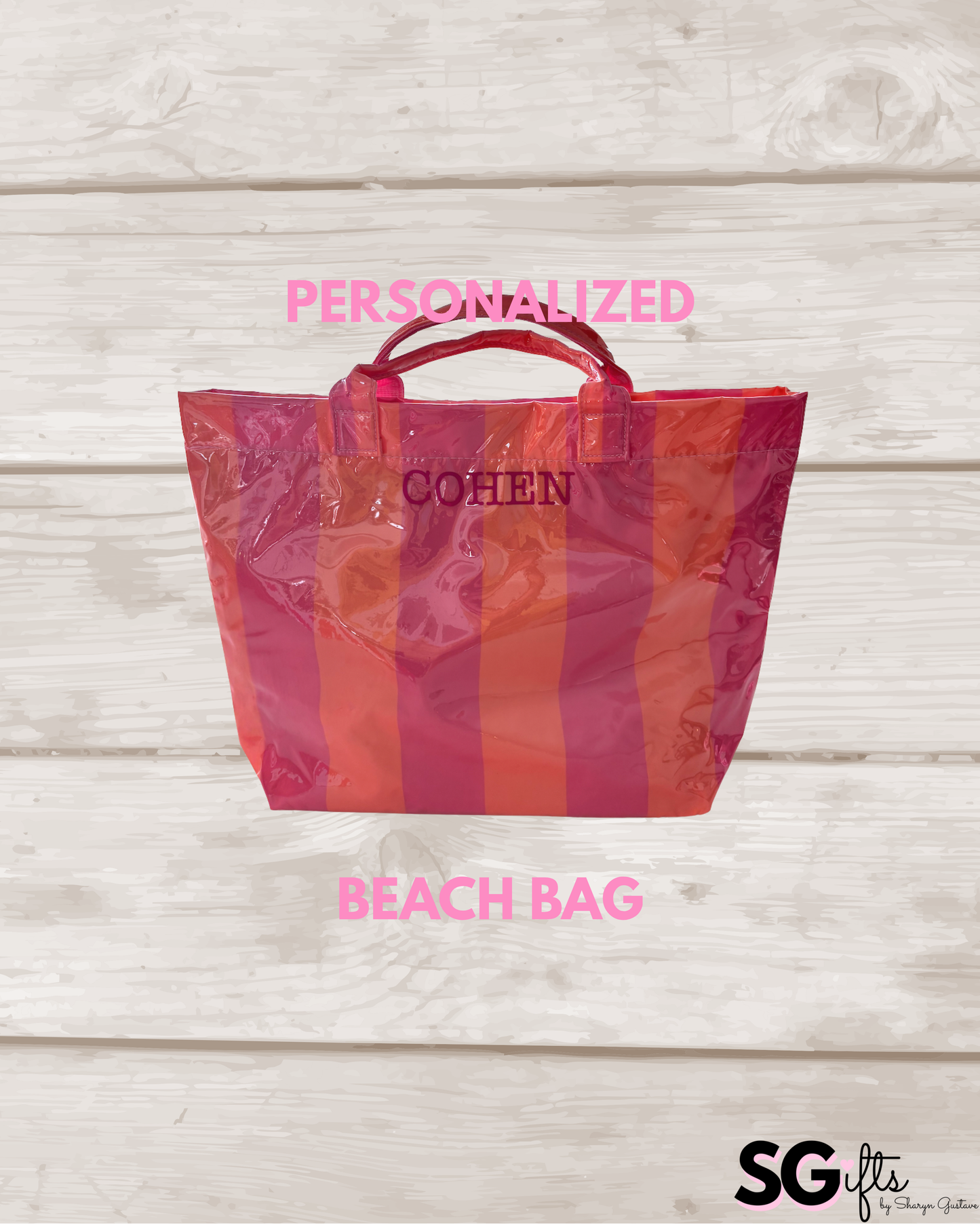 Personalized thick striped beach bag / waterproof pink / orange