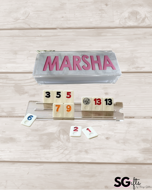 Personalized acrylic rummikub set - opaque white marble