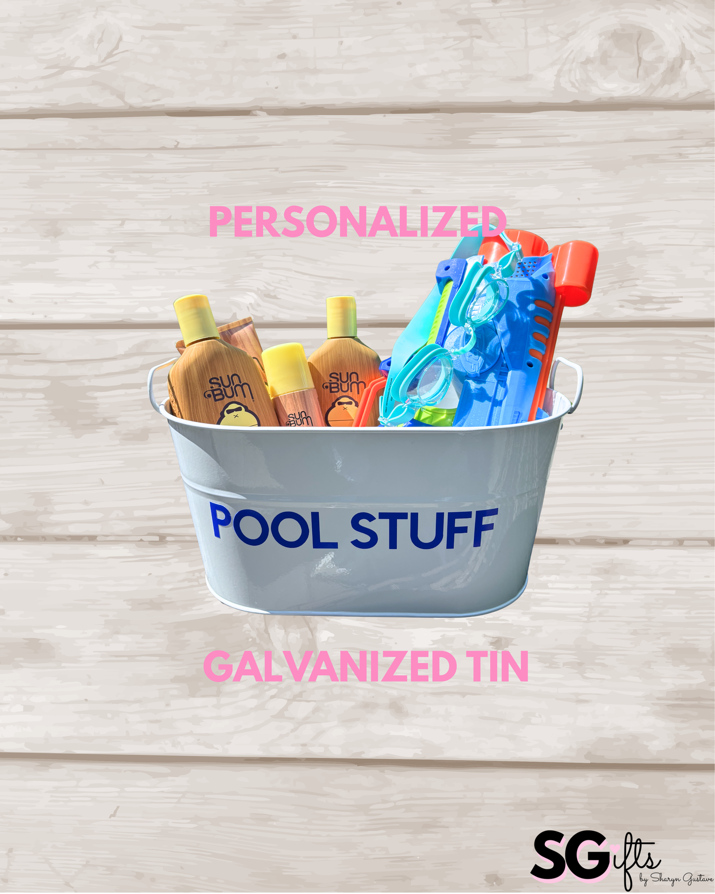 Personalized 12" white galvanized catch all tin - POOL STUFF