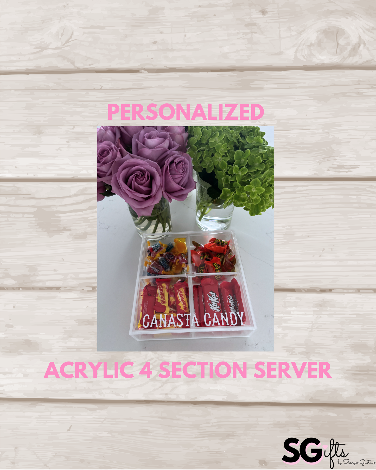 Personalized Canasta Candy 4 section clear acrylic serving tray, sold with the candy , sections are removable