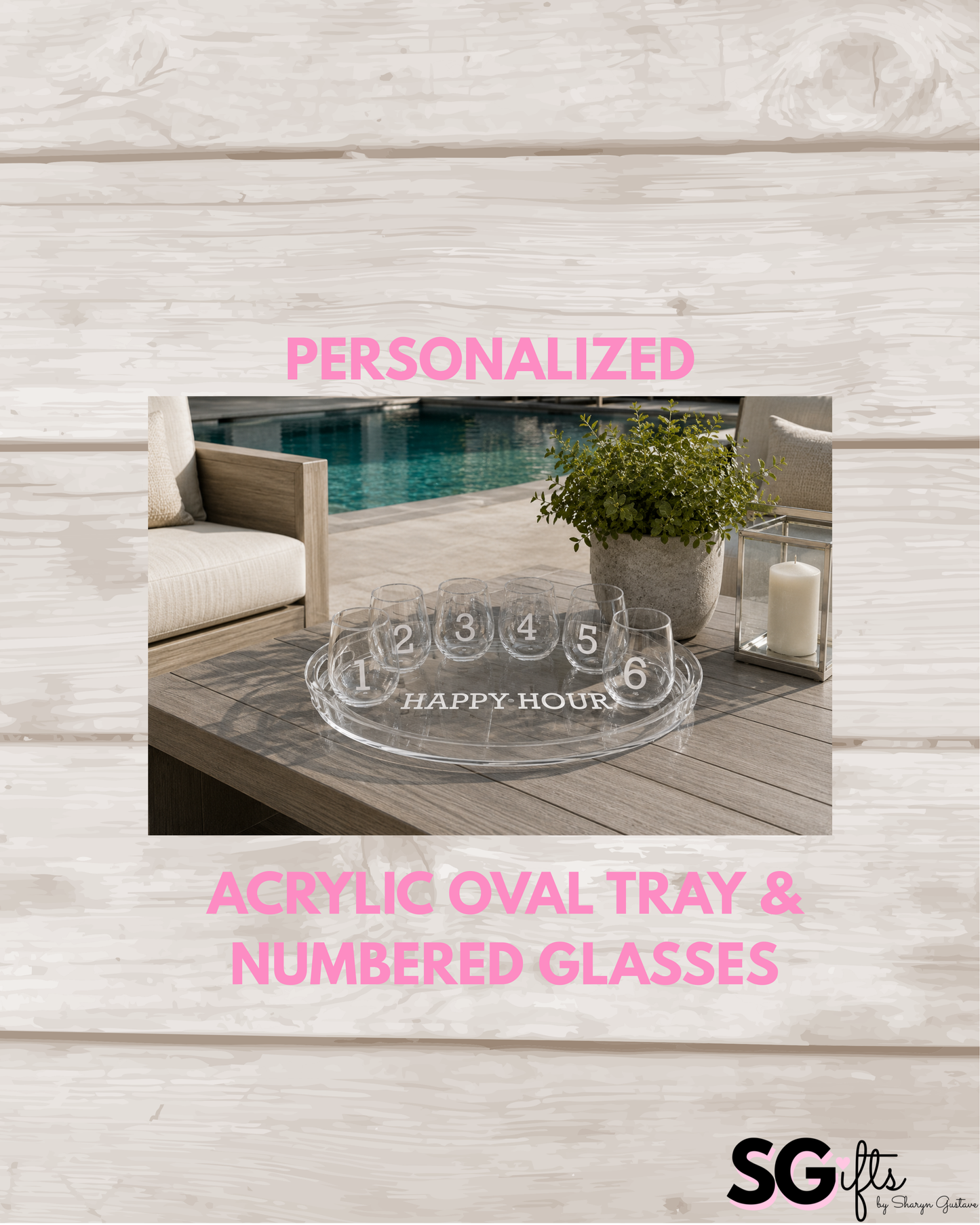 Personalized Acrylic oval Tray and 6 glasses