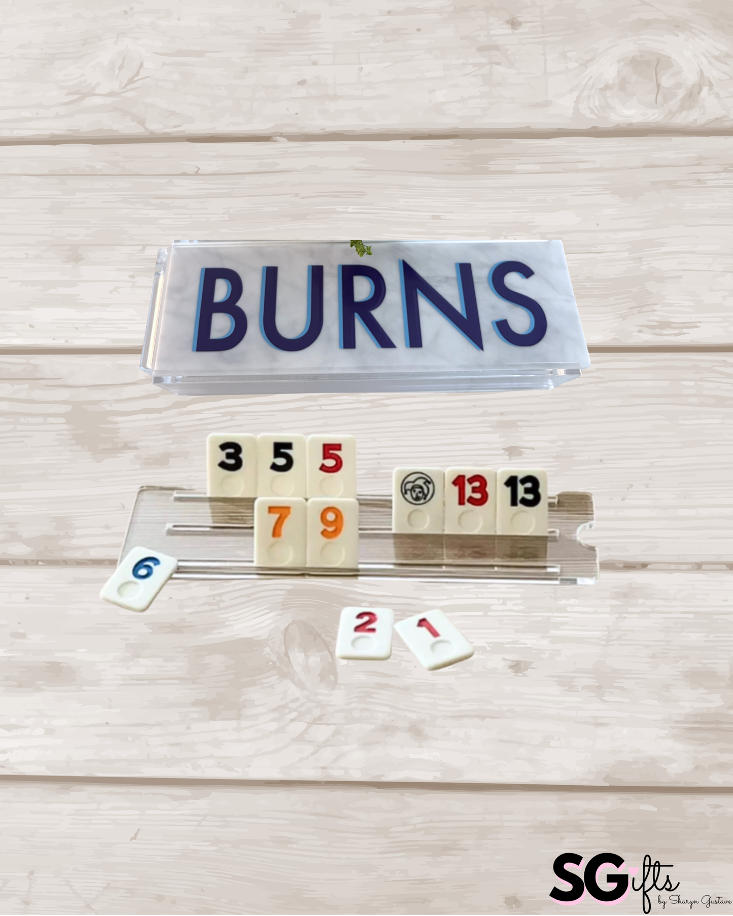 Personalized acrylic rummikub set - opaque white marble