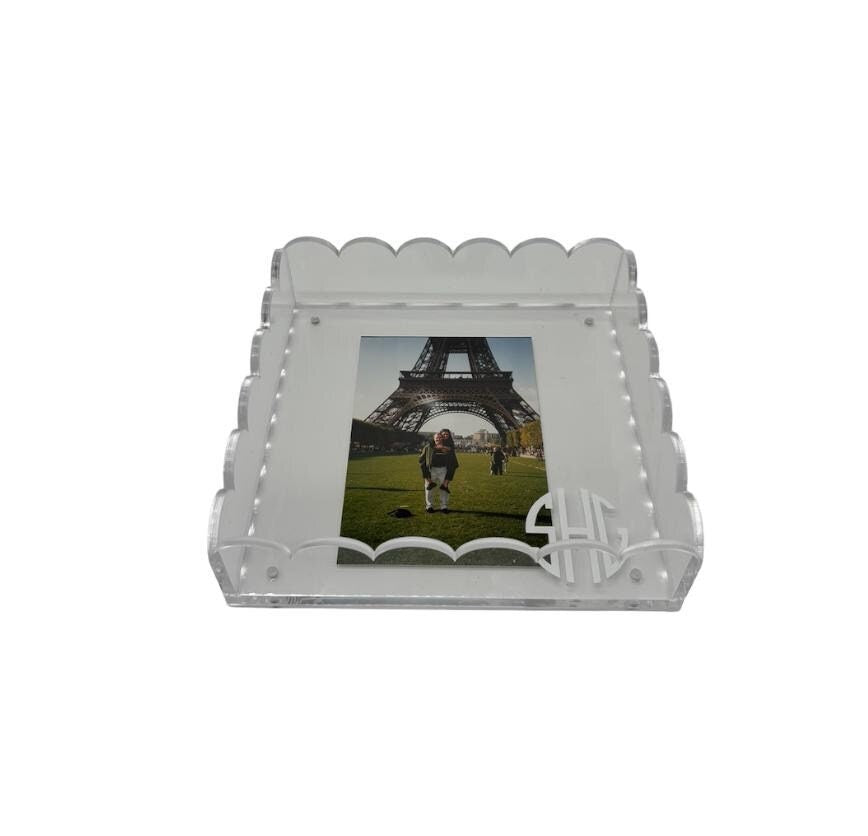 personalized 8” x 8” clear acrylic scalloped edge tray with magnetic mat which is perfect for photos