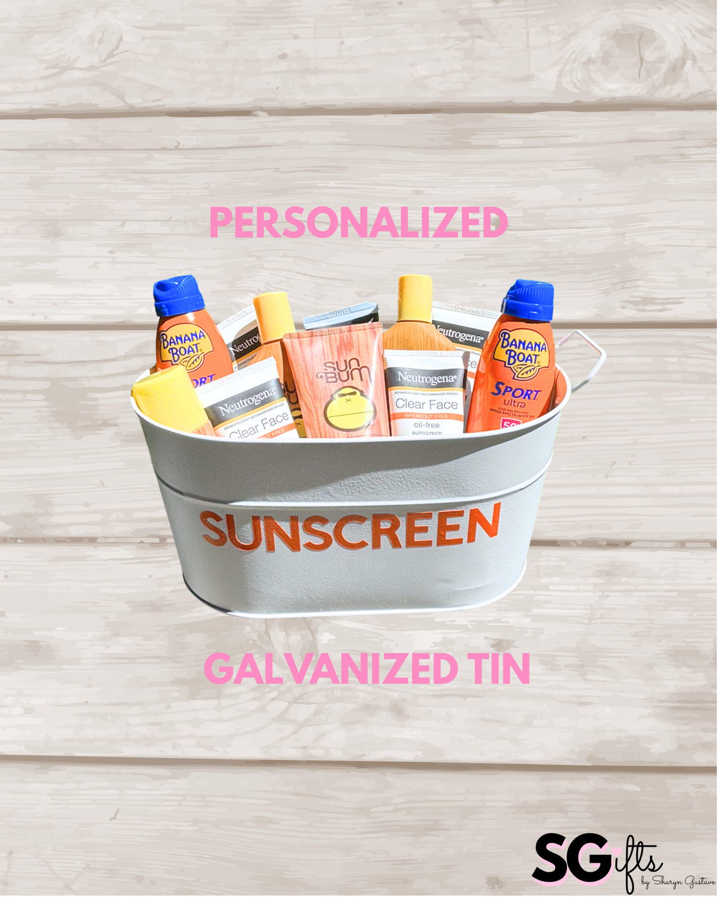 Personalized 12" white galvanized catch all tin - Sunscreen