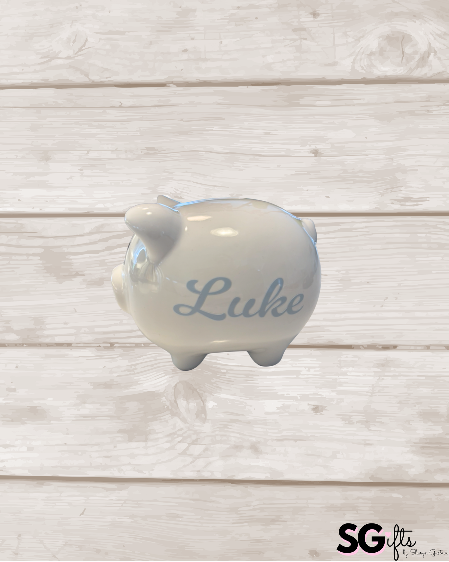 Personalized white ceramic piggy bank 6" x 4.5" x 5"