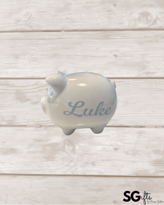 Personalized white ceramic piggy bank 6" x 4.5" x 5"