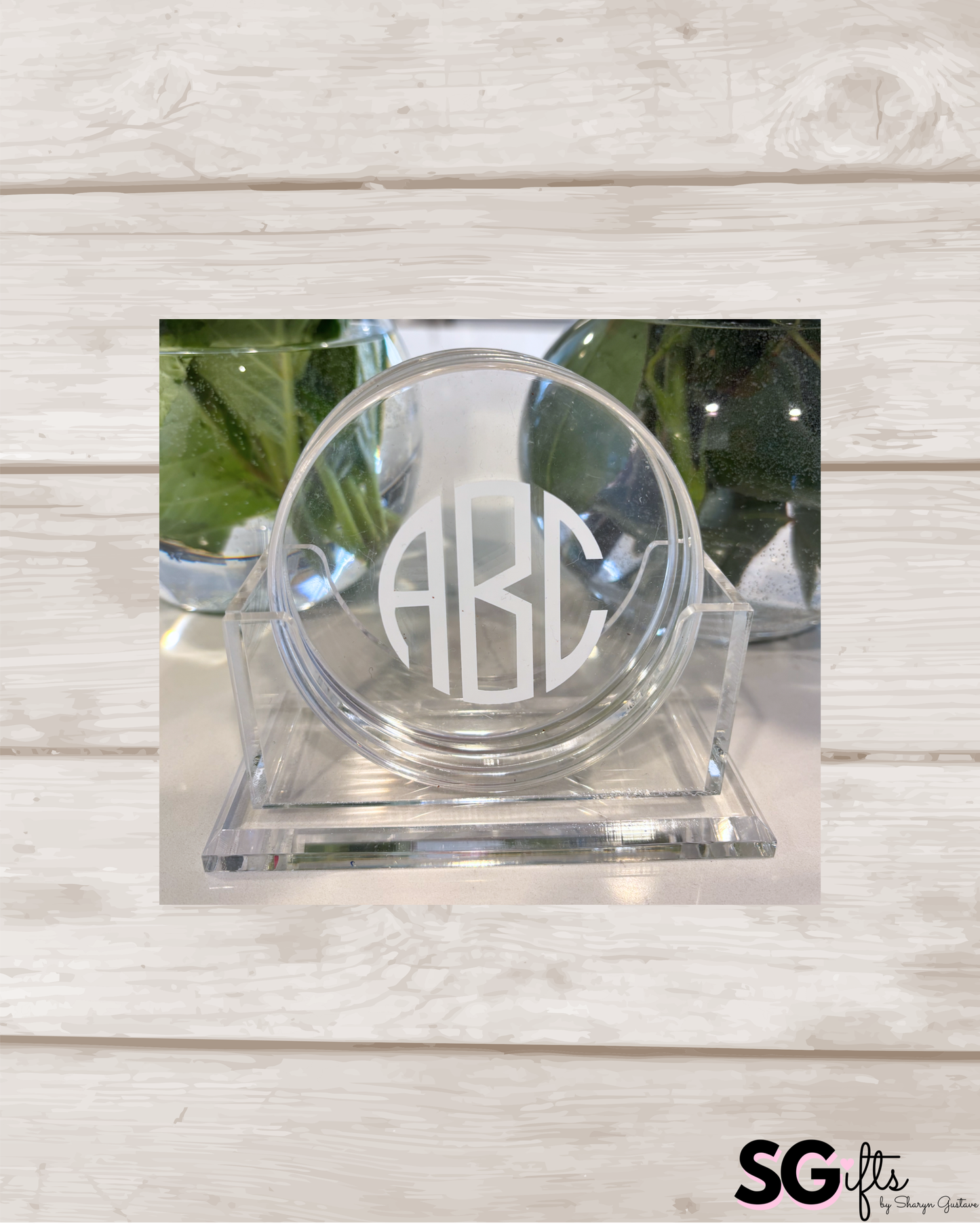 Personalized 4" clear acrylic round modern monogrammed coasters - set of 4