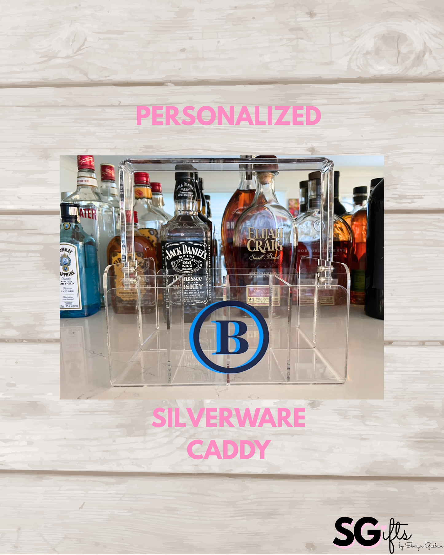 Personalized clear acrylic silverware caddy - double circle monogram