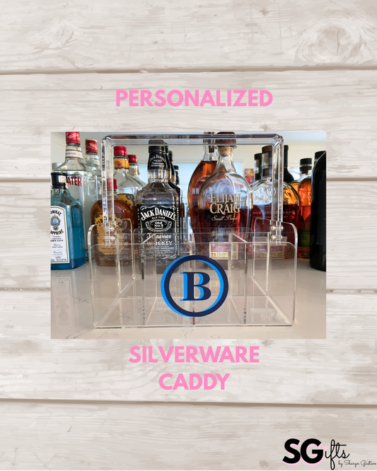 Personalized clear acrylic silverware caddy - double circle monogram