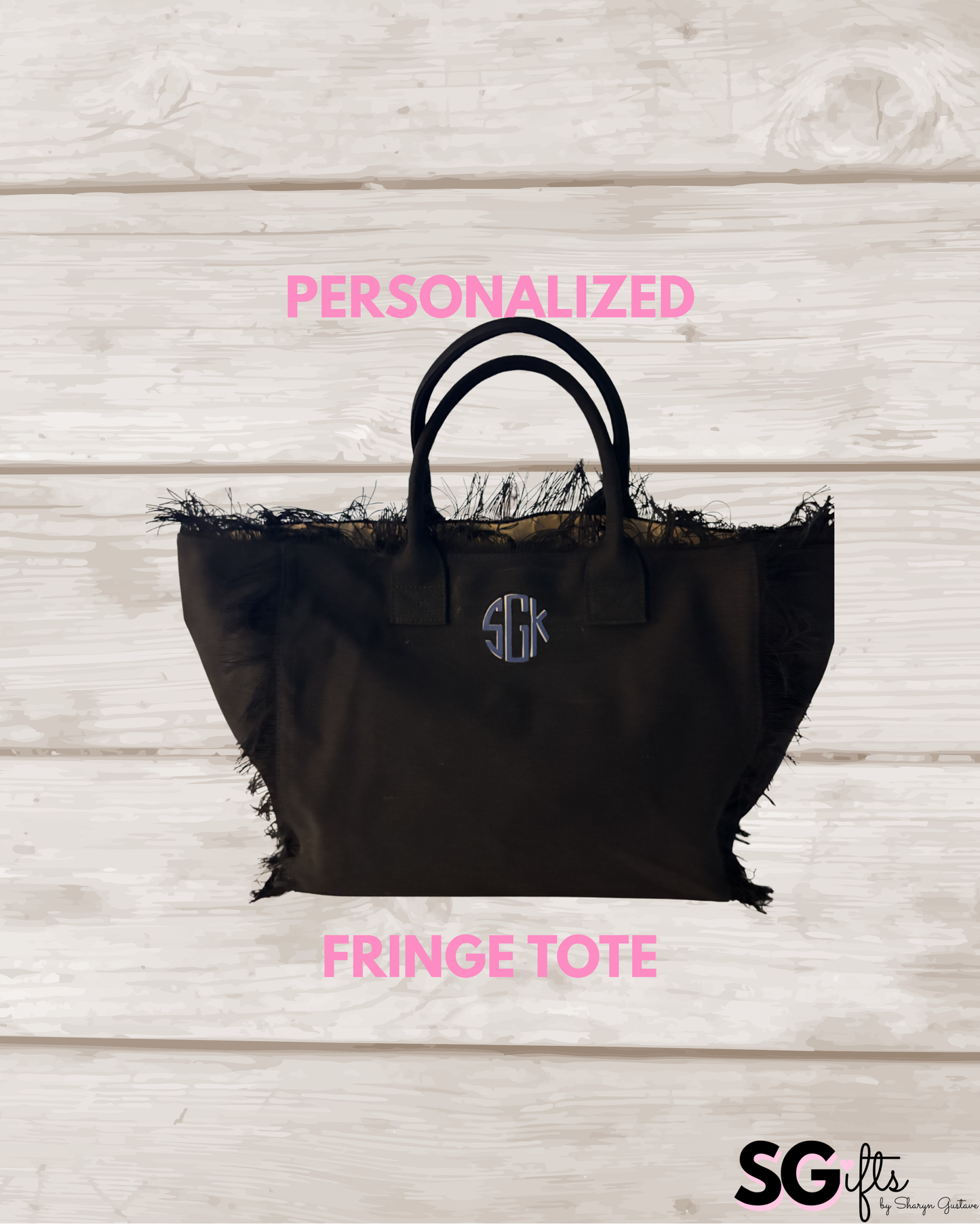 Personalized black canvas fringe tote bag 20" x 12" x 8"